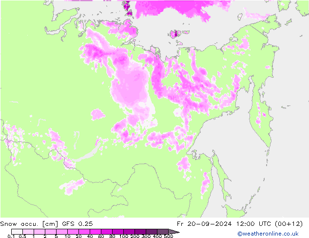 Snow accu. GFS 0.25 Sex 20.09.2024 12 UTC