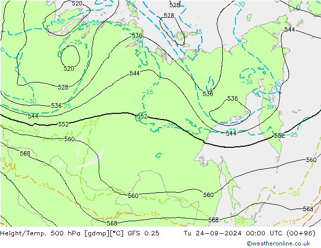 Z500/Yağmur (+YB)/Z850 GFS 0.25 Sa 24.09.2024 00 UTC