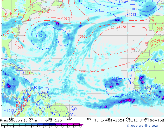 Z500/Rain (+SLP)/Z850 GFS 0.25 вт 24.09.2024 12 UTC