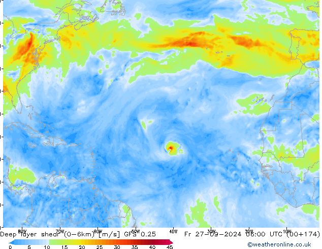 Deep layer shear (0-6km) GFS 0.25 пт 27.09.2024 06 UTC