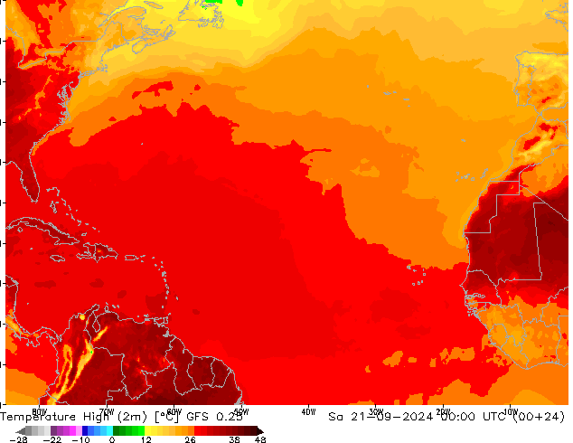 Nejvyšší teplota (2m) GFS 0.25 So 21.09.2024 00 UTC