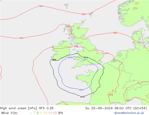 High wind areas GFS 0.25 Su 22.09.2024 06 UTC