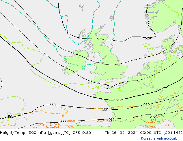 Z500/Rain (+SLP)/Z850 GFS 0.25 Čt 26.09.2024 00 UTC