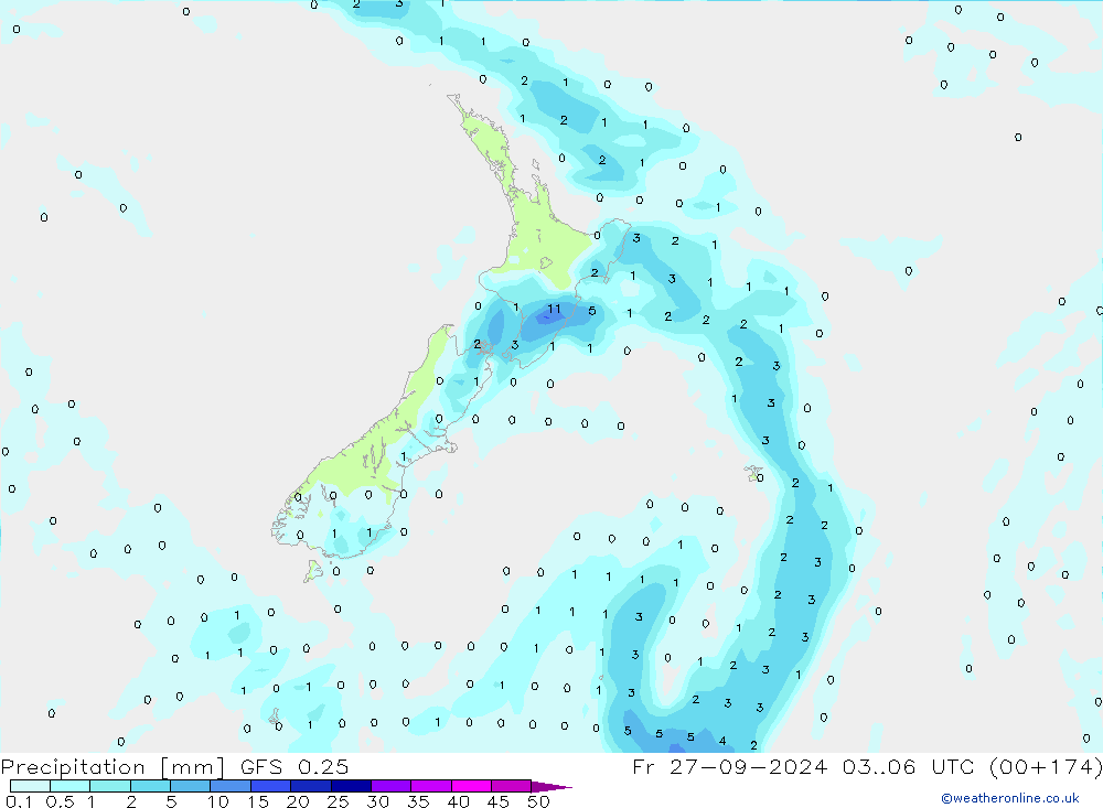 Neerslag GFS 0.25 vr 27.09.2024 06 UTC