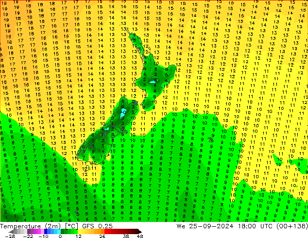 Temperature (2m) GFS 0.25 We 25.09.2024 18 UTC