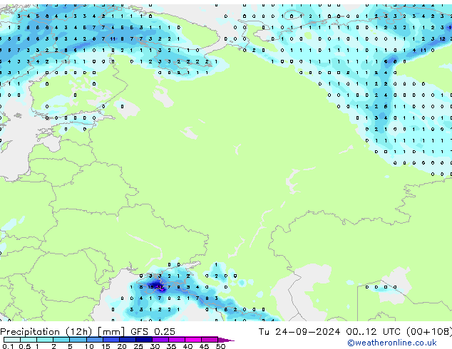 Precipitation (12h) GFS 0.25 Tu 24.09.2024 12 UTC