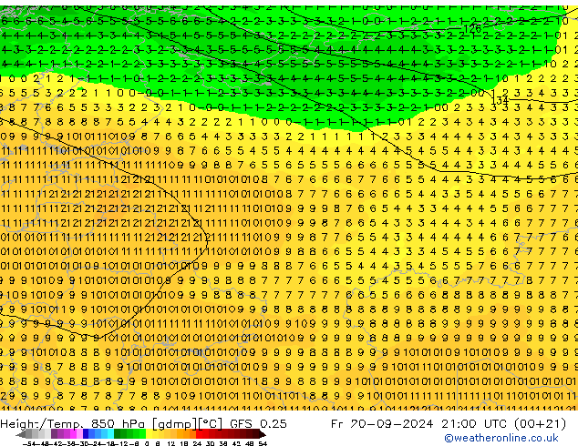 Height/Temp. 850 hPa GFS 0.25 Fr 20.09.2024 21 UTC