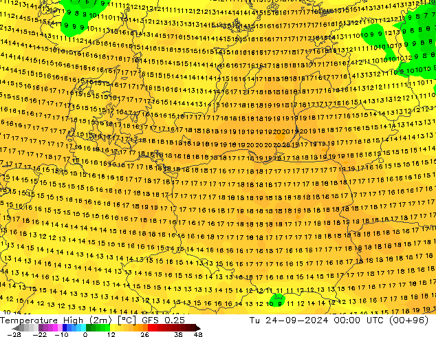 Nejvyšší teplota (2m) GFS 0.25 Út 24.09.2024 00 UTC