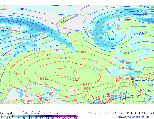 Nied. akkumuliert (6Std) GFS 0.25 Mi 25.09.2024 18 UTC