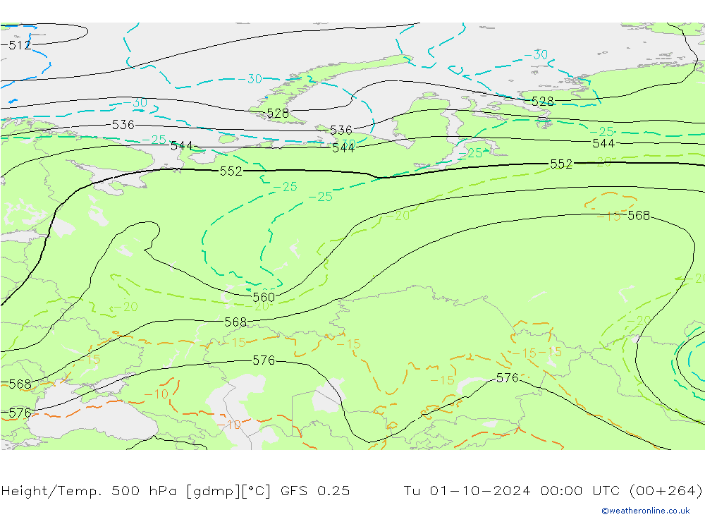 Z500/Rain (+SLP)/Z850 GFS 0.25 Tu 01.10.2024 00 UTC