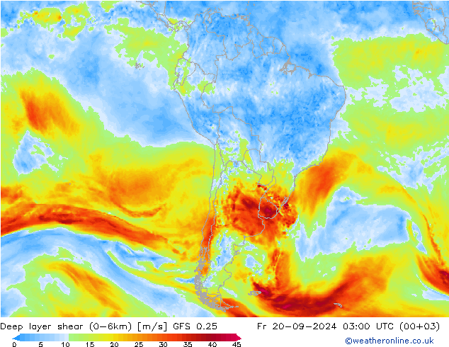 Deep layer shear (0-6km) GFS 0.25 Pá 20.09.2024 03 UTC