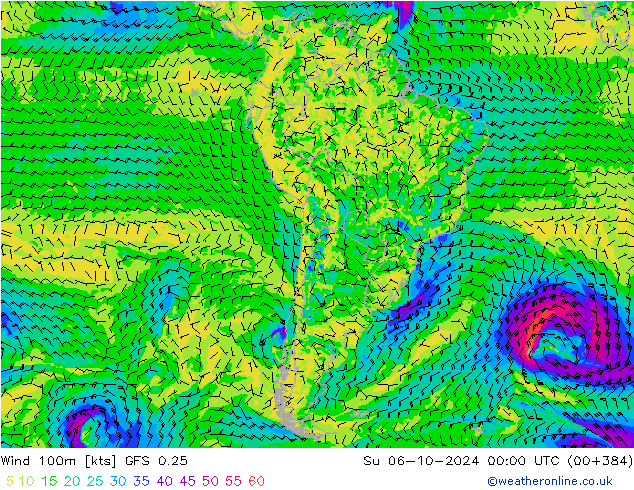 wiatr 100m GFS 0.25 nie. 06.10.2024 00 UTC