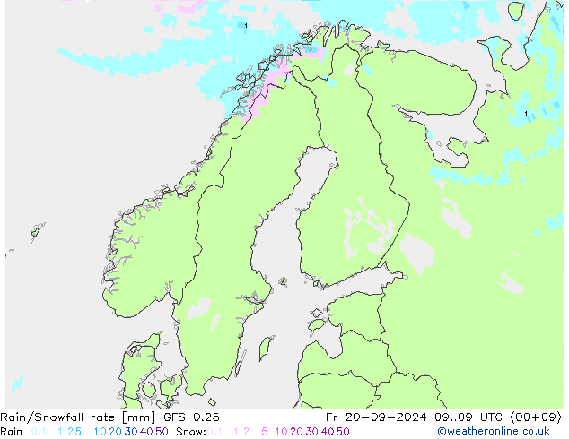 Rain/Snowfall rate GFS 0.25 ven 20.09.2024 09 UTC