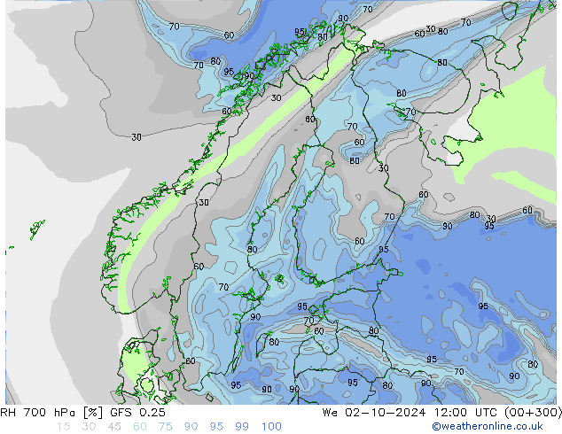 RH 700 hPa GFS 0.25 We 02.10.2024 12 UTC