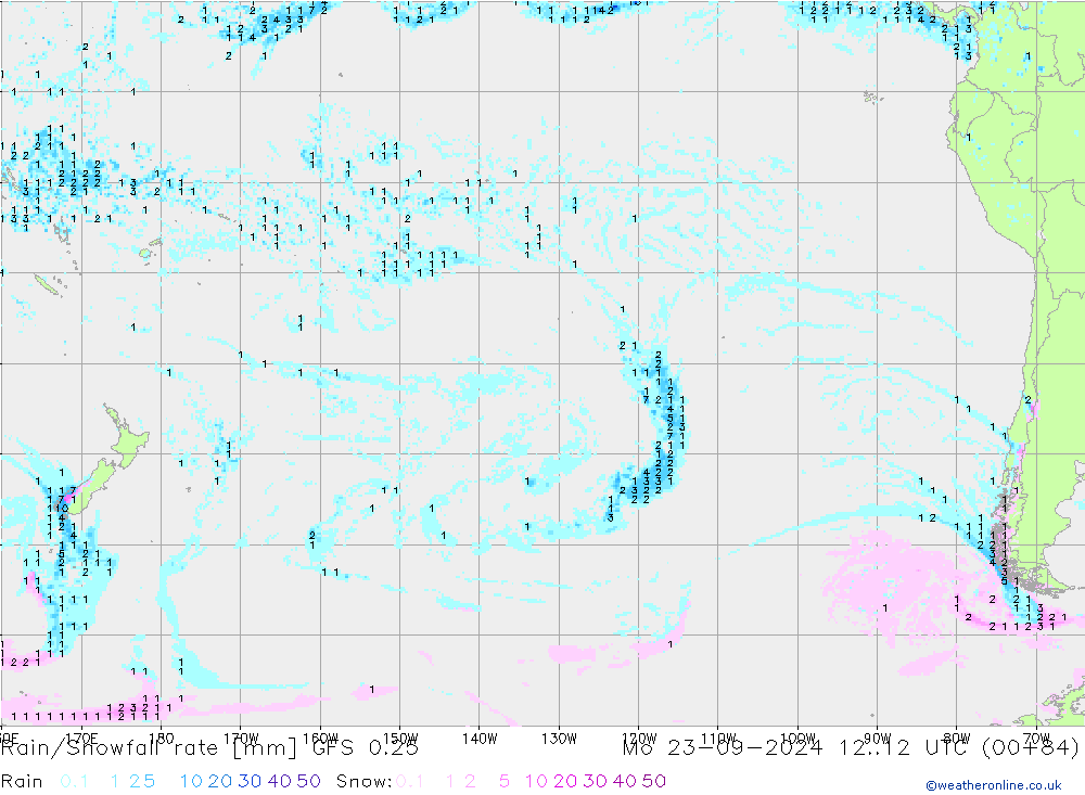 Rain/Snowfall rate GFS 0.25 Seg 23.09.2024 12 UTC