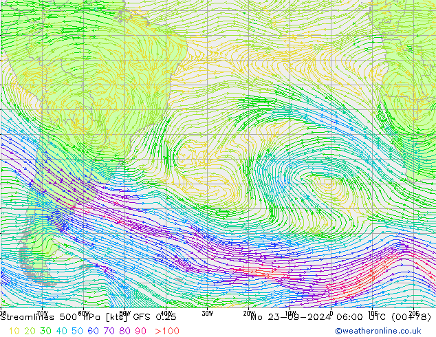 Ligne de courant 500 hPa GFS 0.25 lun 23.09.2024 06 UTC