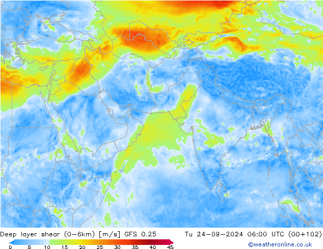 Deep layer shear (0-6km) GFS 0.25 wto. 24.09.2024 06 UTC