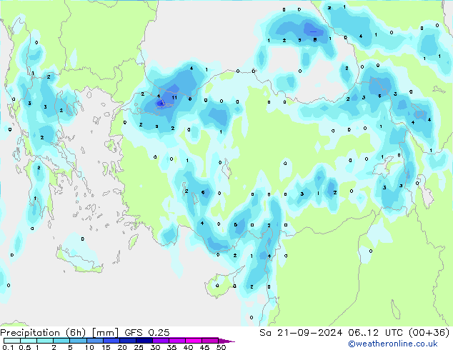 Precipitation (6h) GFS 0.25 So 21.09.2024 12 UTC