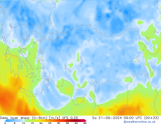 Deep layer shear (0-6km) GFS 0.25 So 21.09.2024 09 UTC