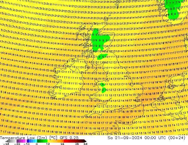 Minumum Değer (2m) GFS 0.25 Cts 21.09.2024 00 UTC