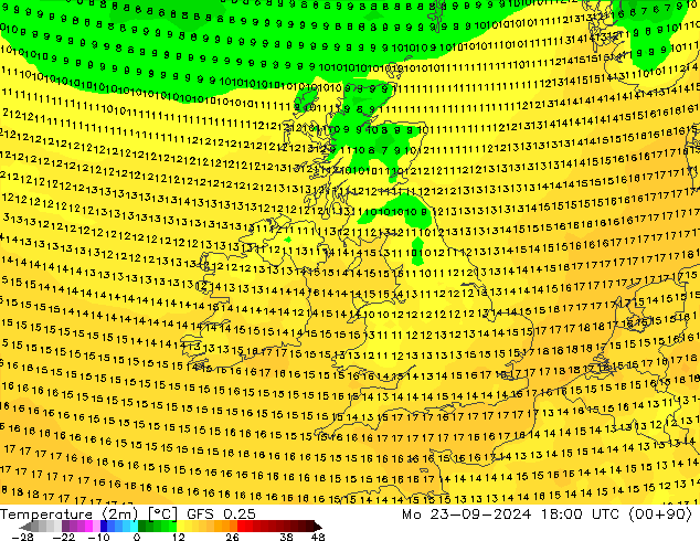 Temperatura (2m) GFS 0.25 Seg 23.09.2024 18 UTC