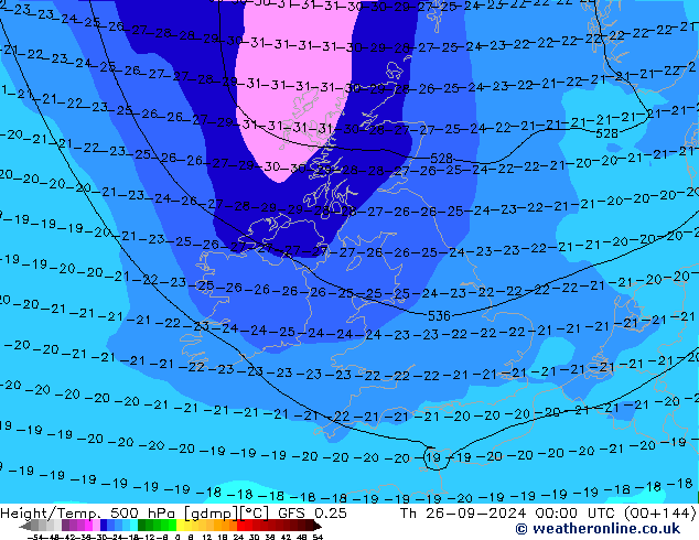 Z500/Rain (+SLP)/Z850 GFS 0.25  26.09.2024 00 UTC