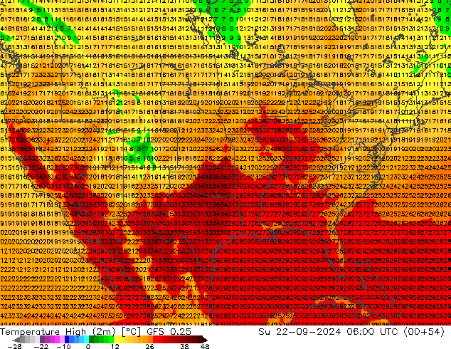 Maksimum Değer (2m) GFS 0.25 Paz 22.09.2024 06 UTC