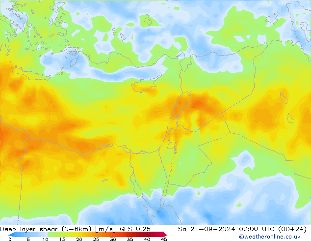 Deep layer shear (0-6km) GFS 0.25 Sáb 21.09.2024 00 UTC