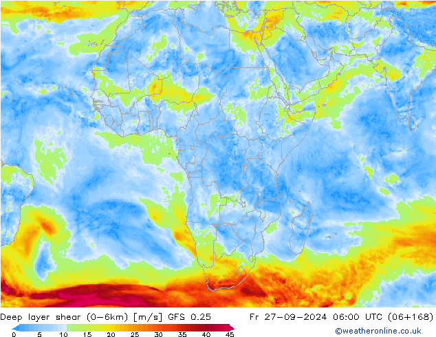 Deep layer shear (0-6km) GFS 0.25 Sex 27.09.2024 06 UTC