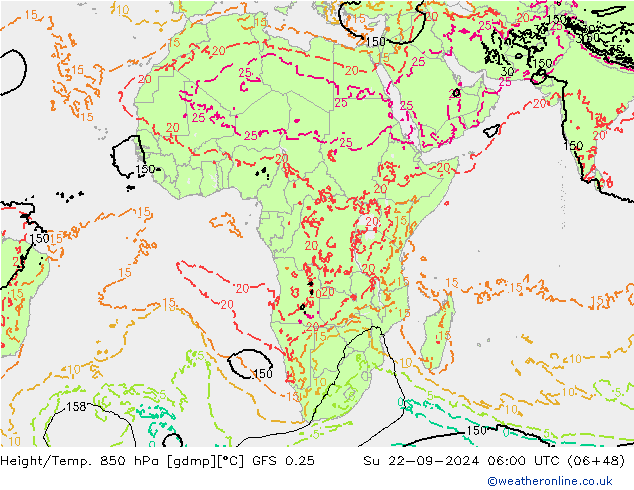 Hoogte/Temp. 850 hPa GFS 0.25 zo 22.09.2024 06 UTC