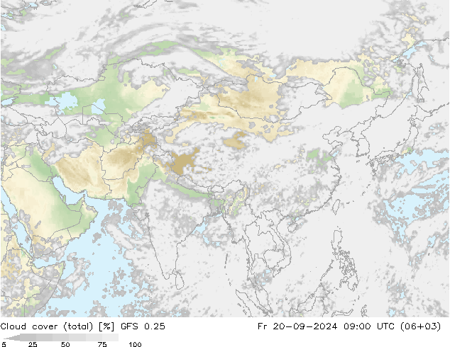 Cloud cover (total) GFS 0.25 Pá 20.09.2024 09 UTC