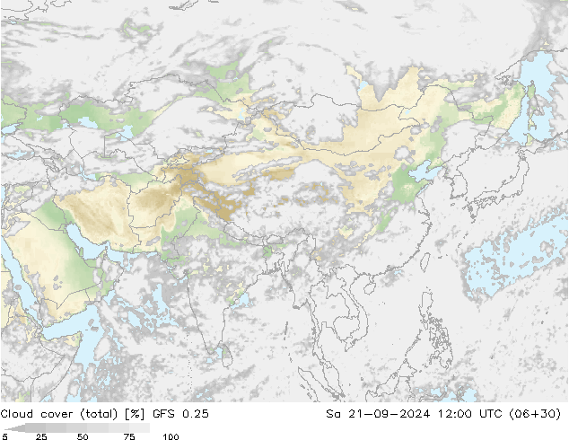 zachmurzenie (suma) GFS 0.25 so. 21.09.2024 12 UTC