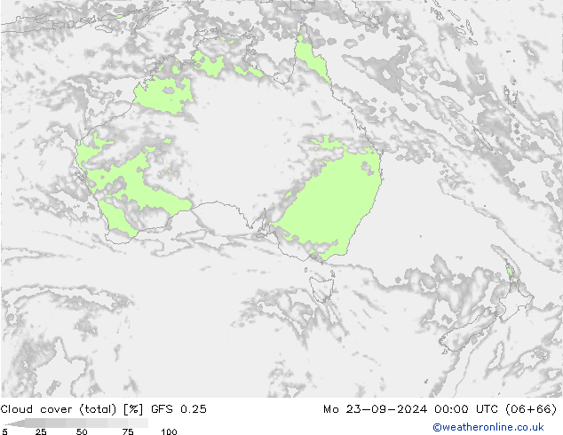 zachmurzenie (suma) GFS 0.25 pon. 23.09.2024 00 UTC