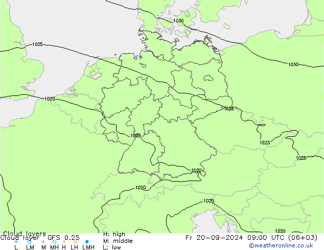 Cloud layer GFS 0.25 ven 20.09.2024 09 UTC