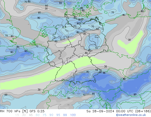 Humidité rel. 700 hPa GFS 0.25 sam 28.09.2024 00 UTC