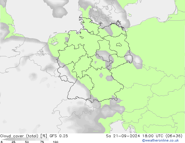 Cloud cover (total) GFS 0.25 So 21.09.2024 18 UTC