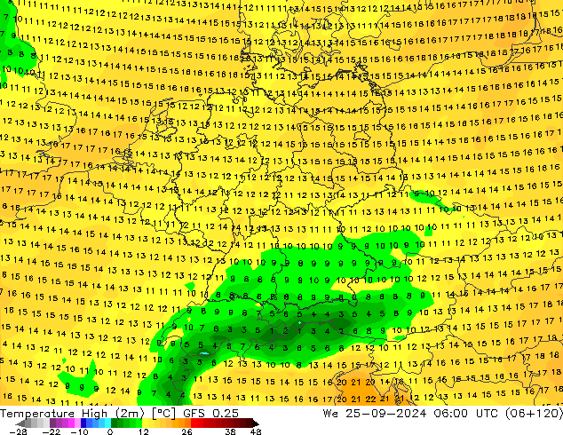 temperatura máx. (2m) GFS 0.25 Qua 25.09.2024 06 UTC