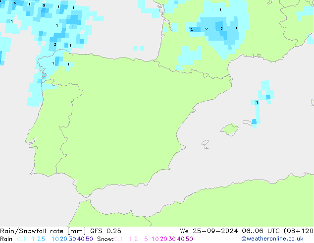 Rain/Snowfall rate GFS 0.25 śro. 25.09.2024 06 UTC