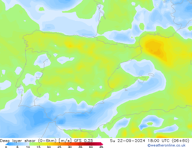 Deep layer shear (0-6km) GFS 0.25 Su 22.09.2024 18 UTC