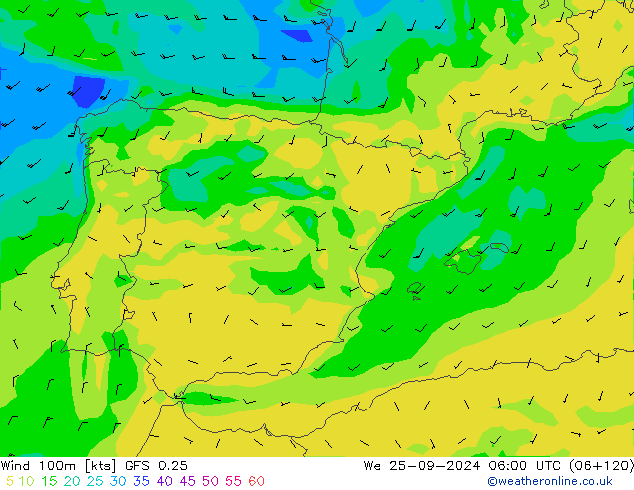 wiatr 100m GFS 0.25 śro. 25.09.2024 06 UTC