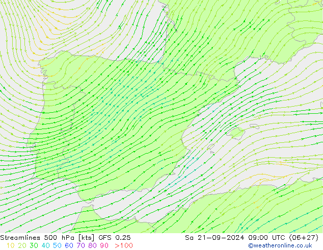 Rüzgar 500 hPa GFS 0.25 Cts 21.09.2024 09 UTC