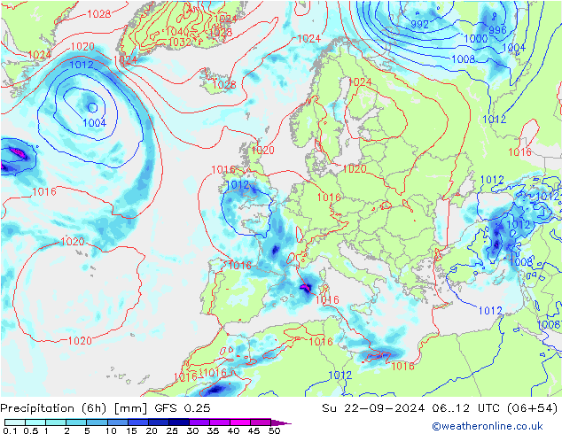 Totale neerslag (6h) GFS 0.25 zo 22.09.2024 12 UTC