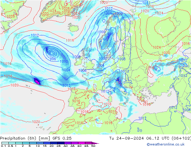 Z500/Rain (+SLP)/Z850 GFS 0.25 Di 24.09.2024 12 UTC