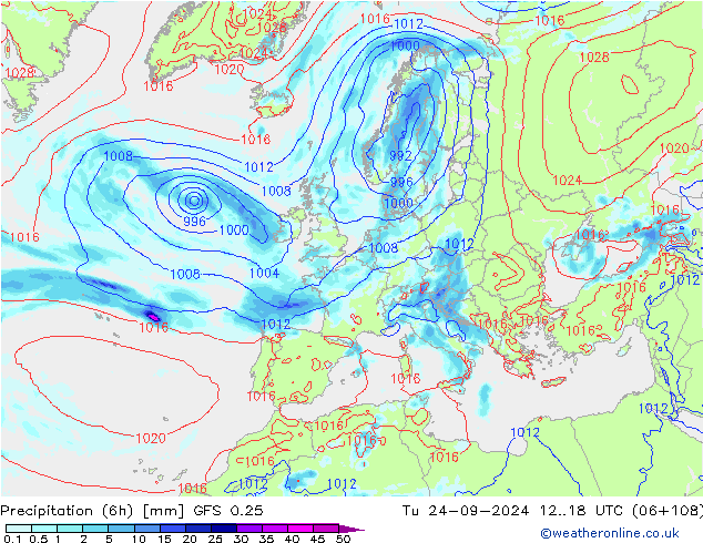 Z500/Rain (+SLP)/Z850 GFS 0.25 Tu 24.09.2024 18 UTC