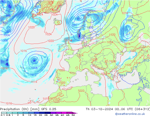 Z500/Rain (+SLP)/Z850 GFS 0.25 Th 03.10.2024 06 UTC