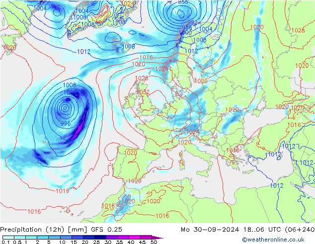 Precipitation (12h) GFS 0.25 Mo 30.09.2024 06 UTC