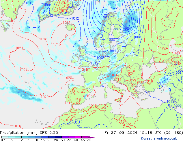 Neerslag GFS 0.25 vr 27.09.2024 18 UTC