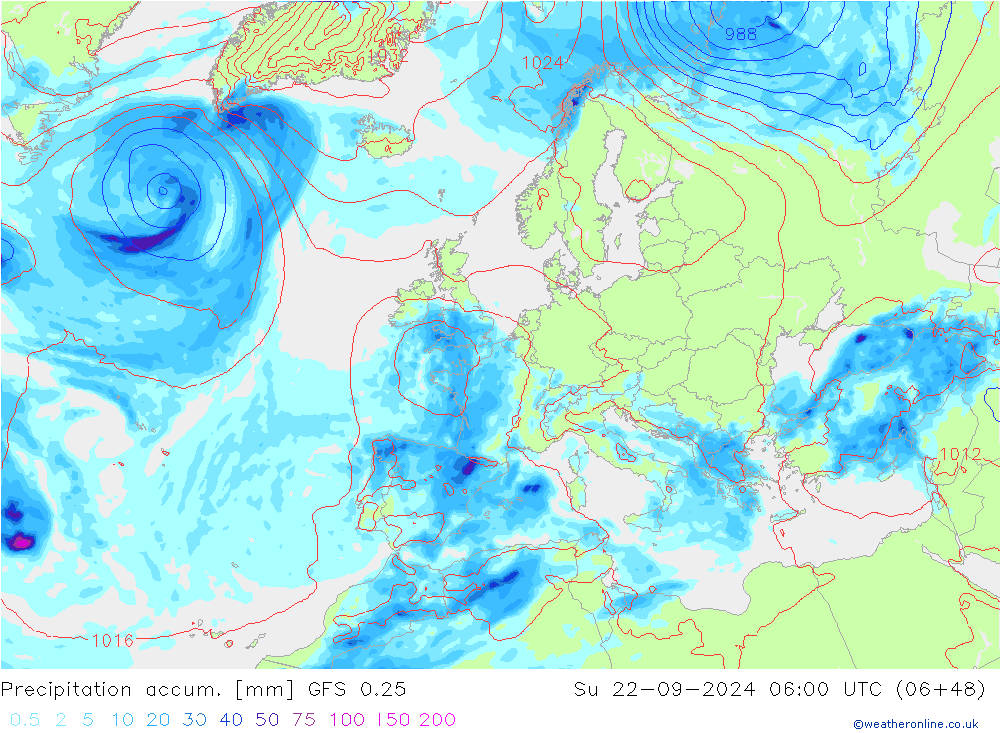 Precipitation accum. GFS 0.25 Su 22.09.2024 06 UTC