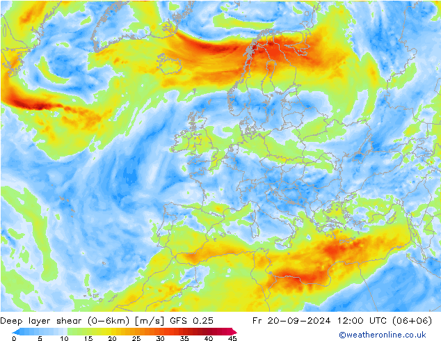 Deep layer shear (0-6km) GFS 0.25 Fr 20.09.2024 12 UTC