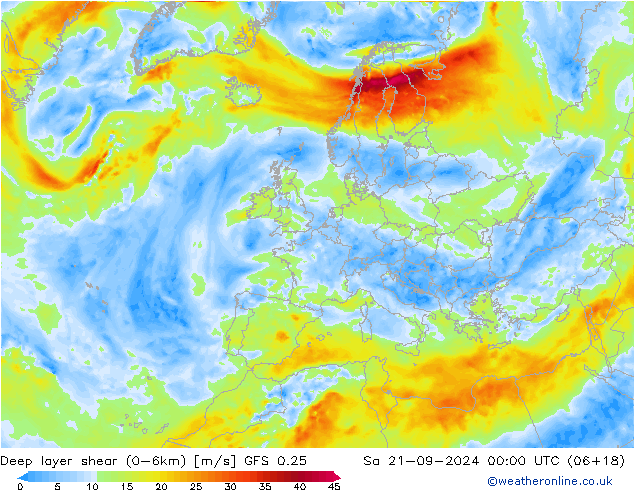 Deep layer shear (0-6km) GFS 0.25 Sa 21.09.2024 00 UTC